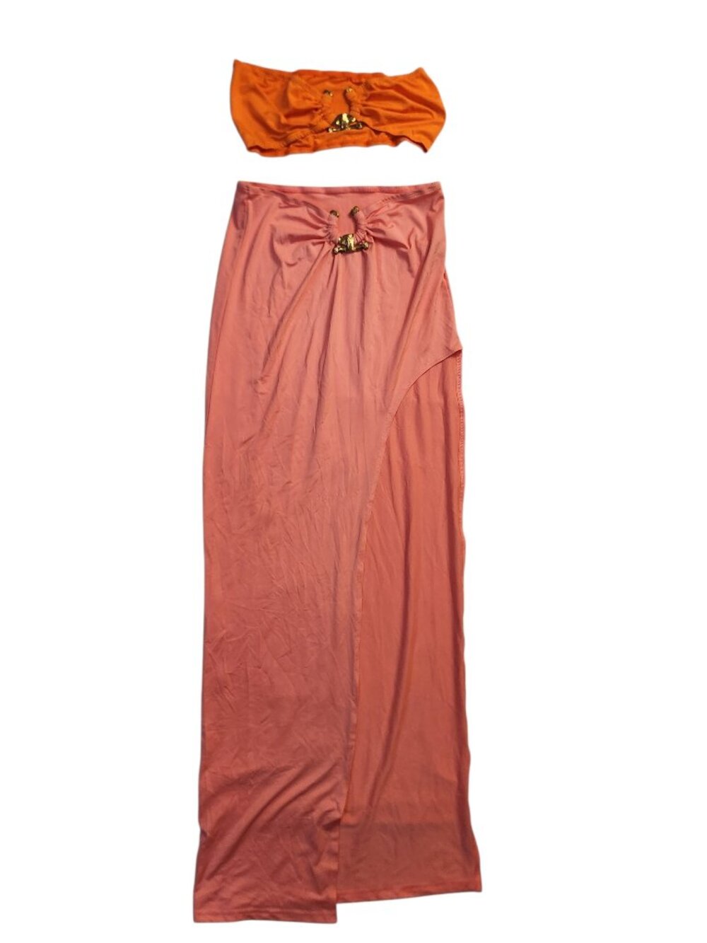 Micas Two Piece Set Size M Maxi Skirt Tube Top Colorblock Orange Pink Stretch